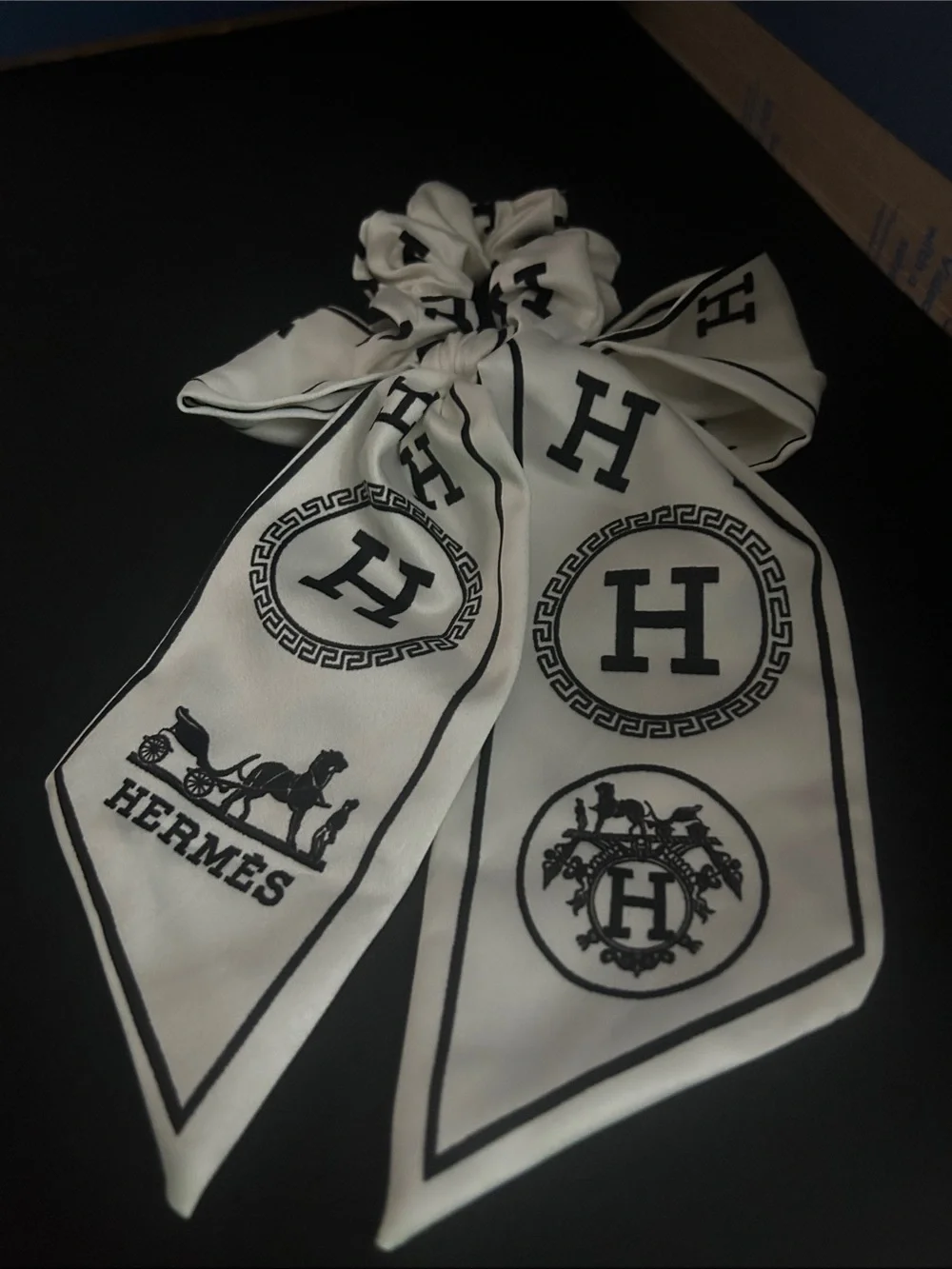 White & Black Logo Bow Scrunchie